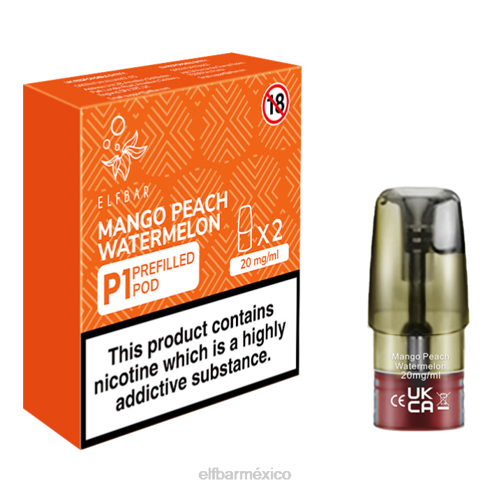 ELFBAR Mexico mate 500 p1 vainas precargadas - 20 mg (paquete de 2) sandía mango melocotón J40L158